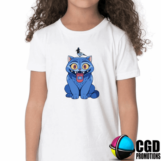 White t-shirt with a blue cat graphic worn by a person, with GGD Promotions logo in the corner.