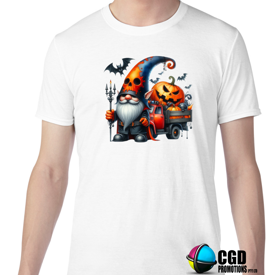 Orange Skull Hat Gnome with Evil Pumpkin and Bats Halloween Adult Printed Shirt