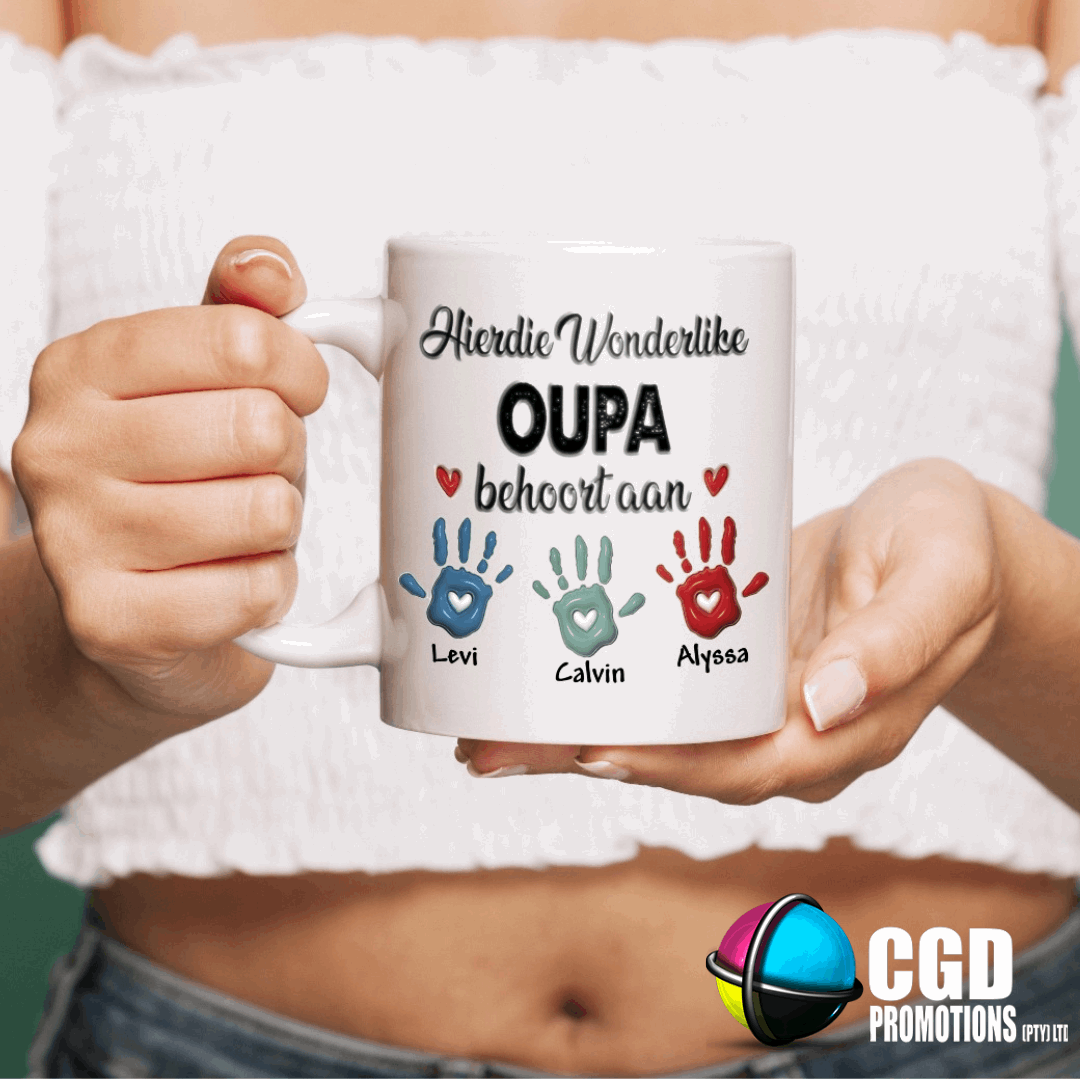 Hierdie Wonderlike Oupa behoort aan Personalise Handprint Up to 6 Kids Mug Wrap Afrikaans Father's Day Mug / Tumbler