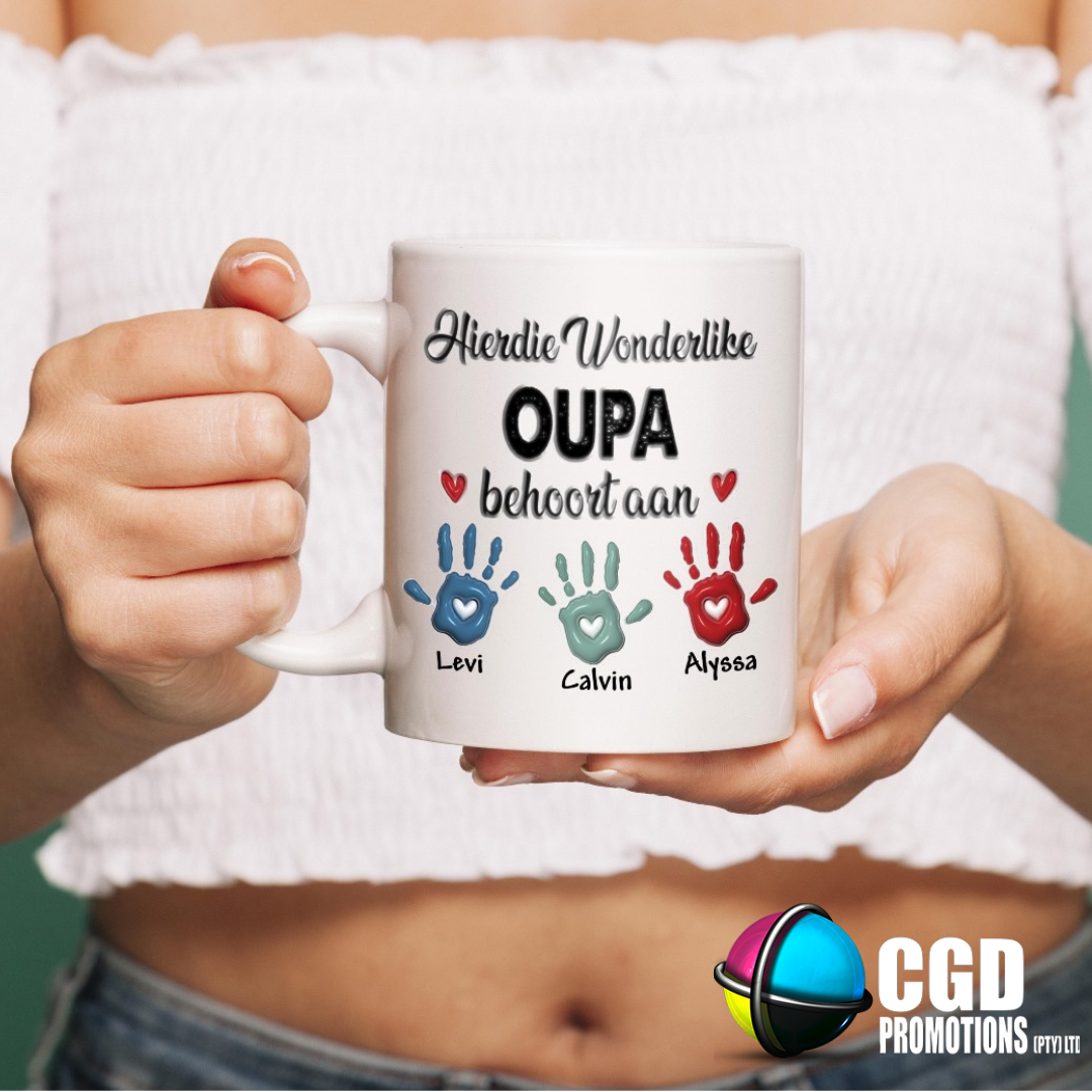 Hierdie Wonderlike Oupa behoort aan Personalise Handprint Up to 6 Kids Mug Wrap Afrikaans Father's Day Mug / Tumbler