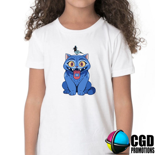 White t-shirt with a blue cat graphic worn by a person, with GGD Promotions logo in the corner.