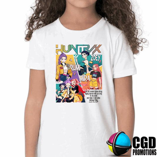 K-Pop Huntrix Character Insipired Colour Cartoon Strip Printed Kids Shirt