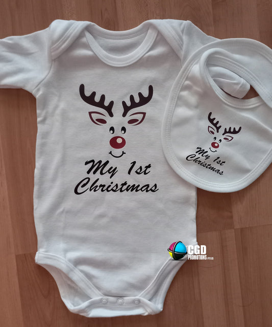 My First Christmas Reindeer Christnas Baby Grow & Matching Bib