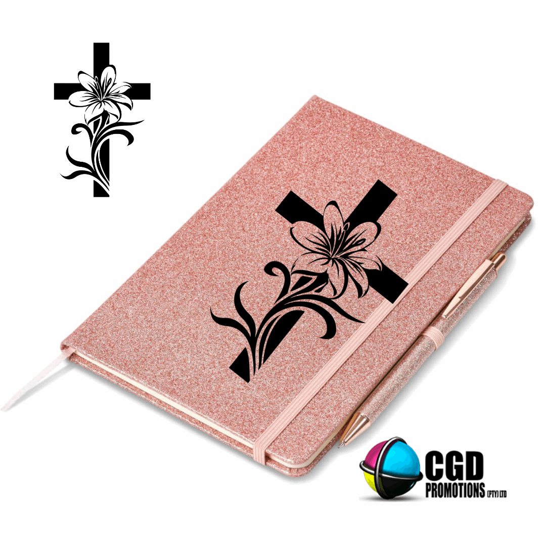 Cross with Floral Design Rose Gold A5 Hard Cover Notebook with pen  ((Faith Based))