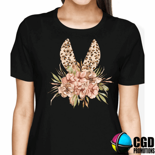 Bunny Ears Leopard Print with boho themed flowers Adult & Kids Easter Printed Shirts - Unisex, Ladies fitted & Kids
