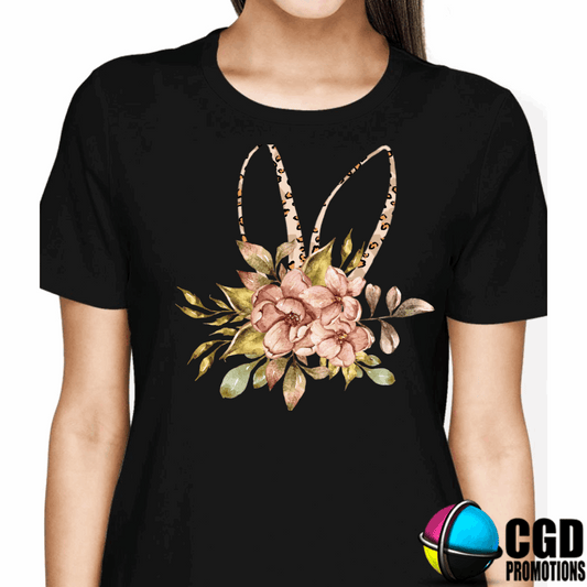 Bunny Ears Leopard Print with pink flowers Adult & Kids Easter Printed Shirts - Unisex, Ladies fitted & Kids