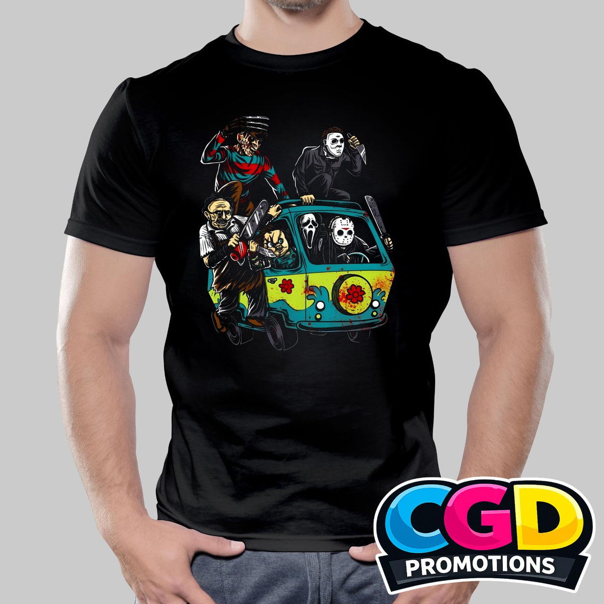 Scooby Bus printed T-shirt with serial killer-inspired horror Halloween design