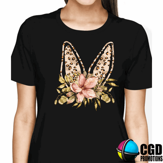 Bunny Ears Leopard Print with Flower boho Adult & Kids Easter Printed Shirts - Unisex, Ladies fitted & Kids