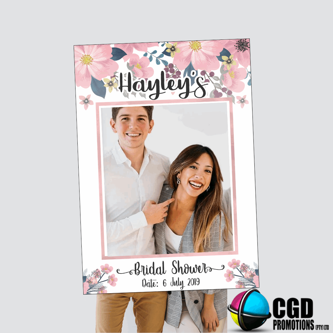 “Custom pink foral selfie frame with personalized text for parties and baby showers and bridal showers”