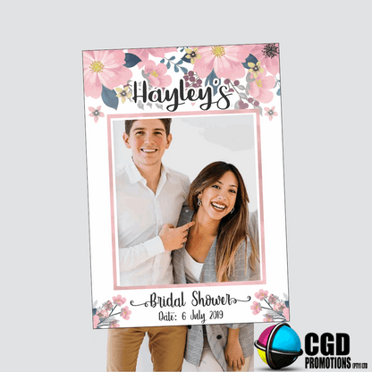 “Custom pink foral selfie frame with personalized text for parties and baby showers and bridal showers”