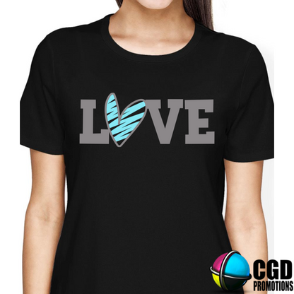 L O V E - Valentines Day Shirt - Matching Unisex, Ladies Fitted & Kids black shirt with silver and blue 
