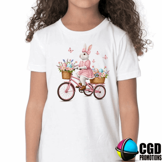 Vintage Bunny in pink dress riding bicycle Kids Easter Printed Shirts