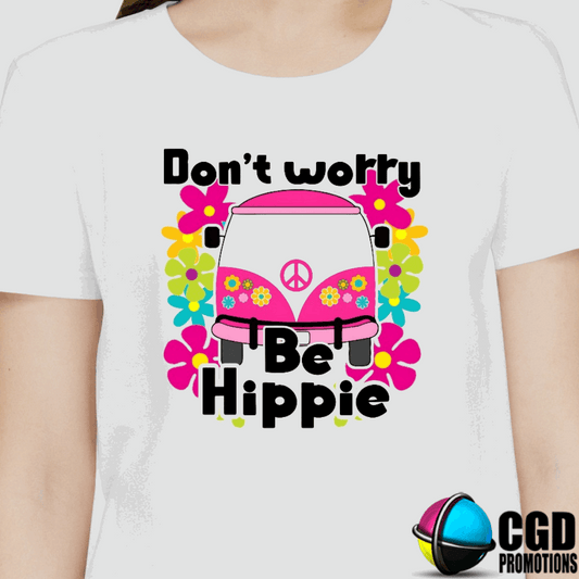 Don't Worry Be Hippie Birthday Shirt in unisex, ladies' fitted, and kids' sizes. Fun and colorful tee with a retro, boho vibe”perfect for birthday