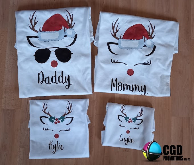 Matching Christmas Reindeer Shirts for Families of 4 (2 kiddies T-Shirt Option) Whole Family “ Unisex, Ladies Fitted & Kids