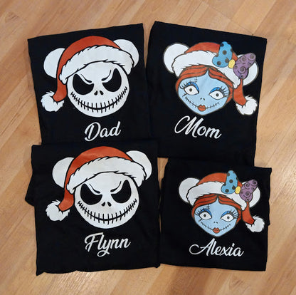 “Family of four wearing Nightmare Before Christmas matching family shirts – adult unisex, ladies fitted, and kids tees”

