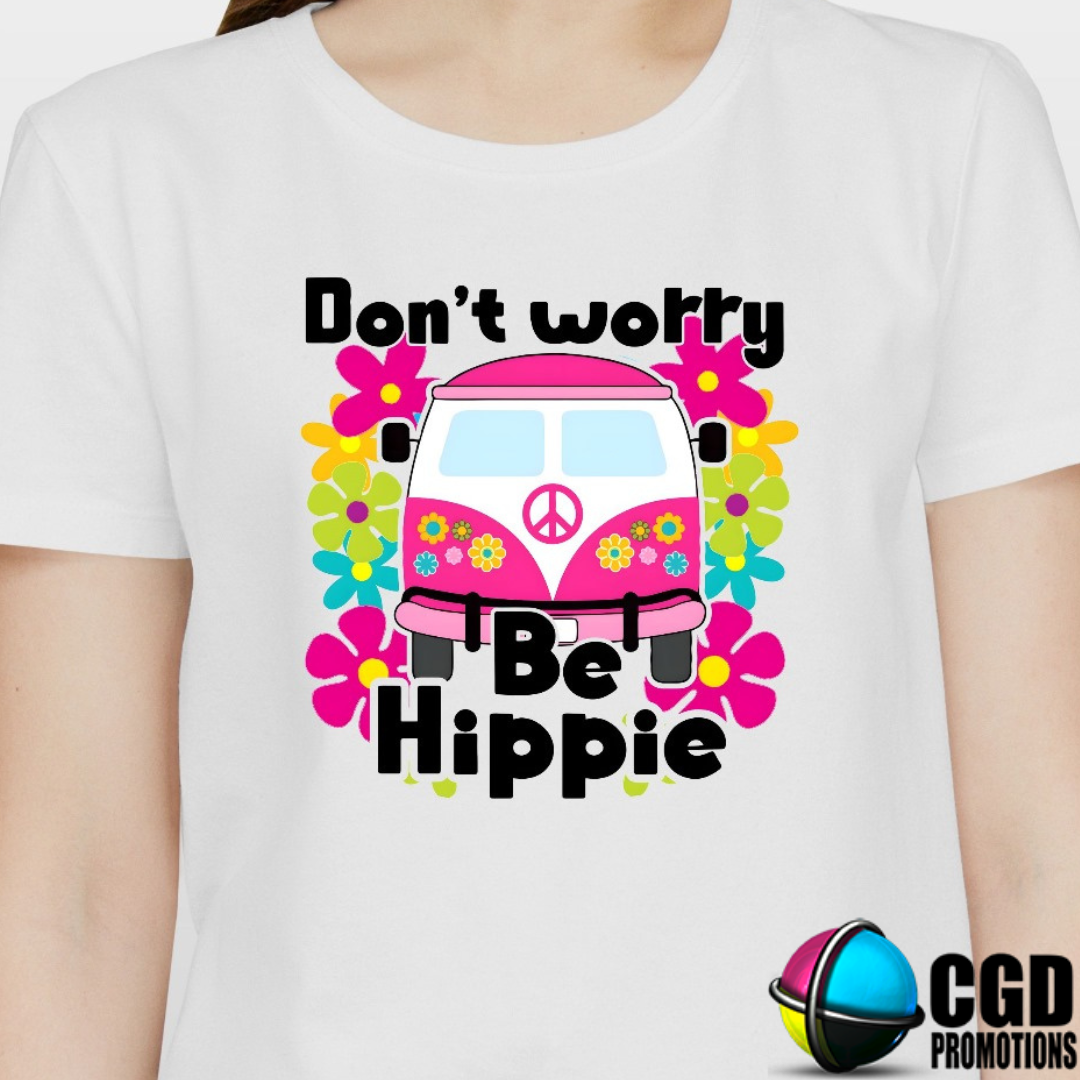 Don't Worry Be Hippie Birthday Shirt in unisex, ladies' fitted, and kids' sizes. Fun and colorful tee with a retro, boho vibe”perfect for birthday