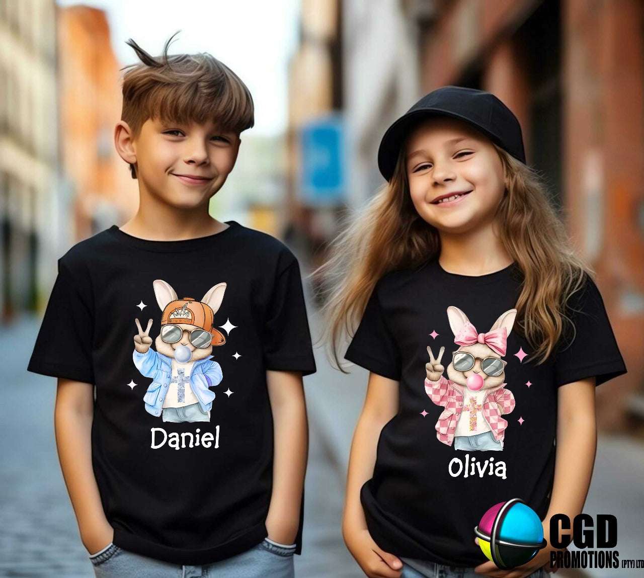 Retro Cool Bunny With Hat or Bow and Floral Cross Boy & Girl Bunny Kids Printed Shirts