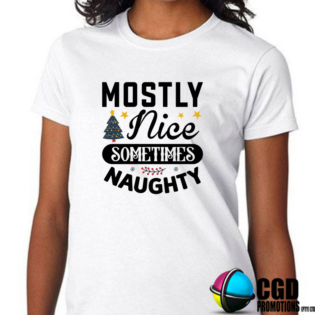 Mostly Nice Sometimes Naughty Christmas Adult Printed Shirt - Unisex Mens & Ladies Fitted