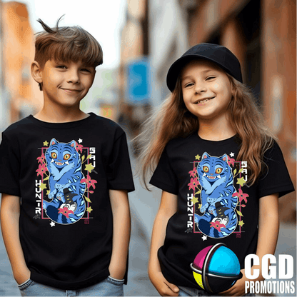 Two children wearing black t-shirts with a colorful graphic design of a blue tiger korien character.
