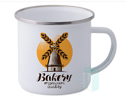 “Custom enamel mug – silver rim detail, personalised design, South Africa”