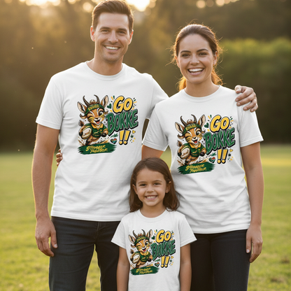 Family wearing matching Go Bokke rugby shirts for South African rugby celebrations
