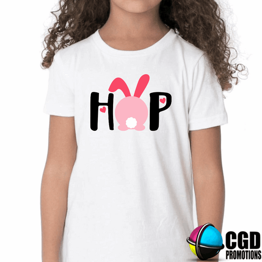 HOP with pink bunny tail Kids Girls Easter Printed Shirts 