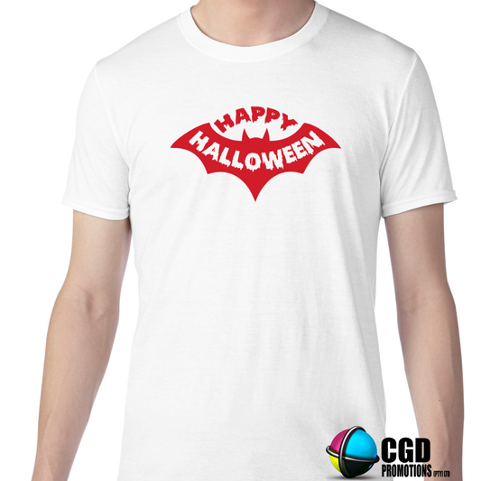 Happy Halloween in Red with Bat Wings - Halloween T-shirts Adult & Kids Printed Shirt - Unisex, Ladies Fitted & Kids