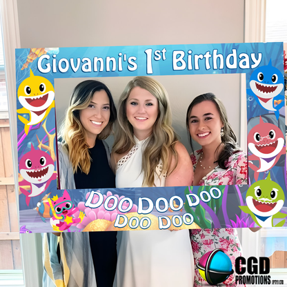 “Custom Baby Shark birthday selfie frame – landscape orientation”