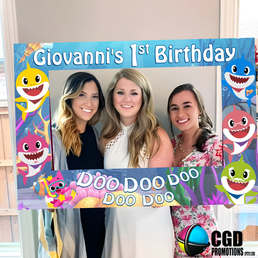 “Custom Baby Shark birthday selfie frame – landscape orientation”