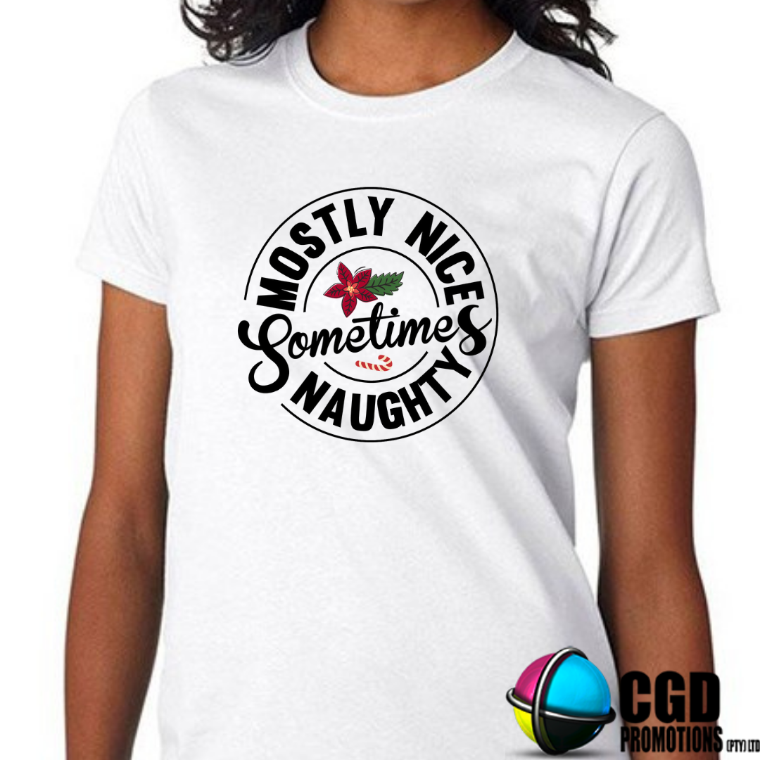 Mostly Nice Sometimes Naughty Christmas Adult Printed Shirt - Unisex Mens & Ladies Fitted