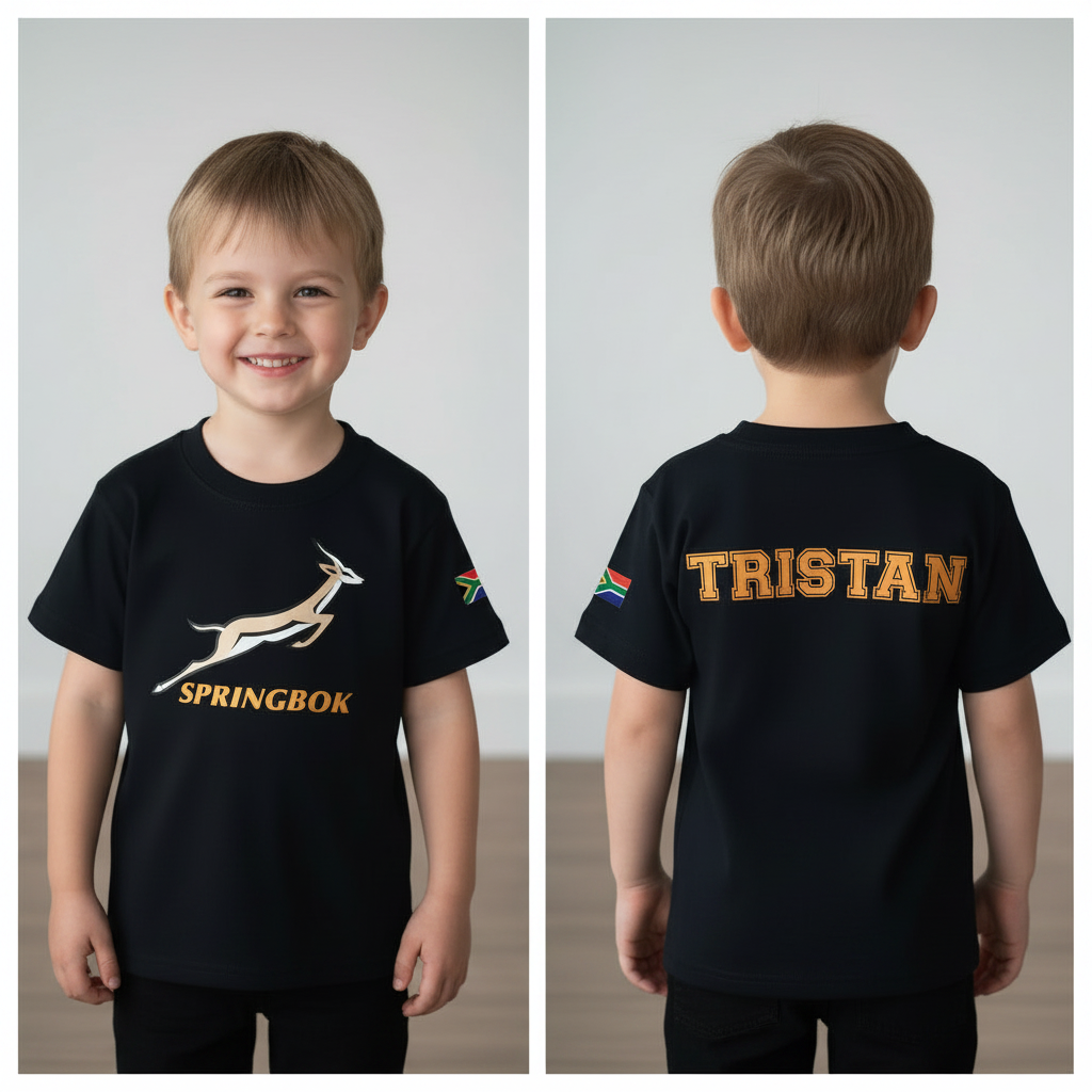 Springbok Supporter Rugby Shirt – Personalized Name  – Matching Family Heritage Shirts – CGD Promotions