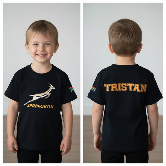 Springbok Supporter Rugby Shirt – Personalized Name  – Matching Family Heritage Shirts – CGD Promotions