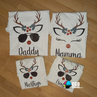 Christmas Reindeer Family of 4 Christmas Matching Shirts (2 kiddies T-Shirt Option) Whole Family “ Unisex, Ladies Fitted & Kids