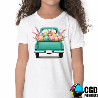 Bunny Easter Truck and Eggs Adult & Kids Easter Printed Shirts - Unisex, Ladies fitted & Kids