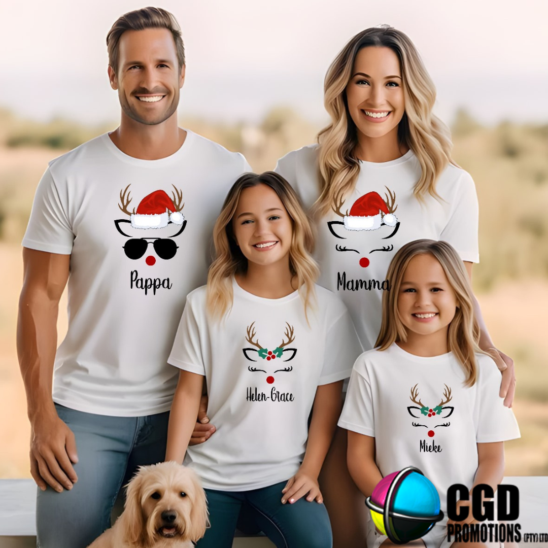 Matching Christmas Reindeer Shirts for Families of 4 (2 kiddies T-Shirt Option) Whole Family “ Unisex, Ladies Fitted & Kids