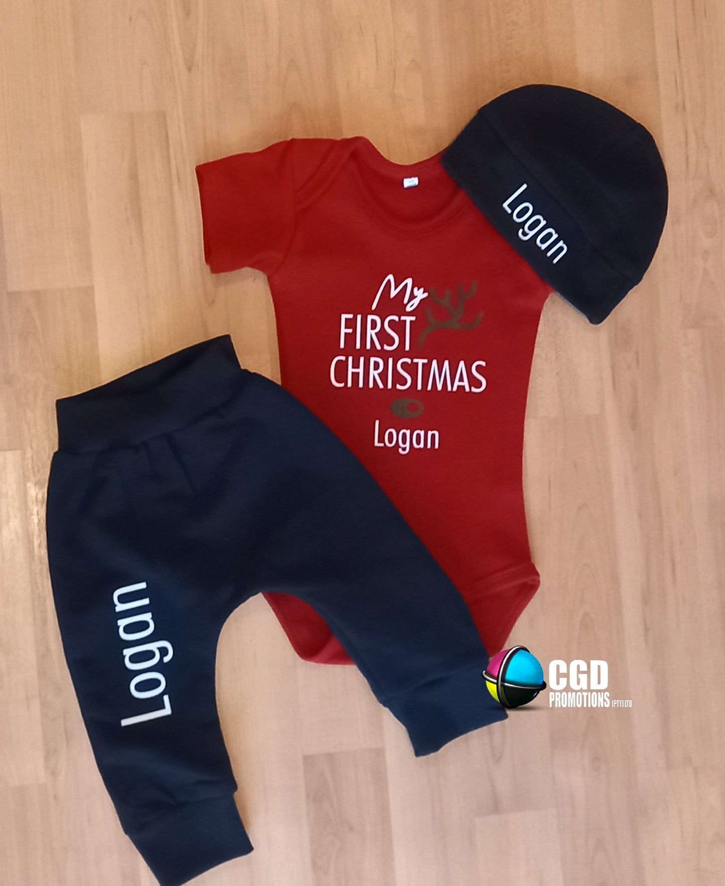 My First Christmas Cute Reindeer Christmas Printed Outfit with beanie and pants