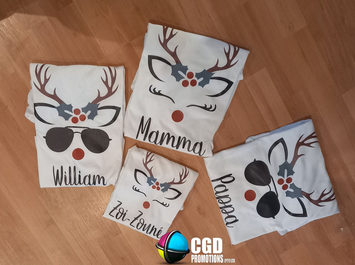 Christmas Reindeer Family of 4 Christmas Matching Shirts (2 kiddies T-Shirt Option) Whole Family “ Unisex, Ladies Fitted & Kids