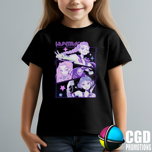 Child wearing a black t-shirt with a graphic design, standing against a gray huntrix characters background.