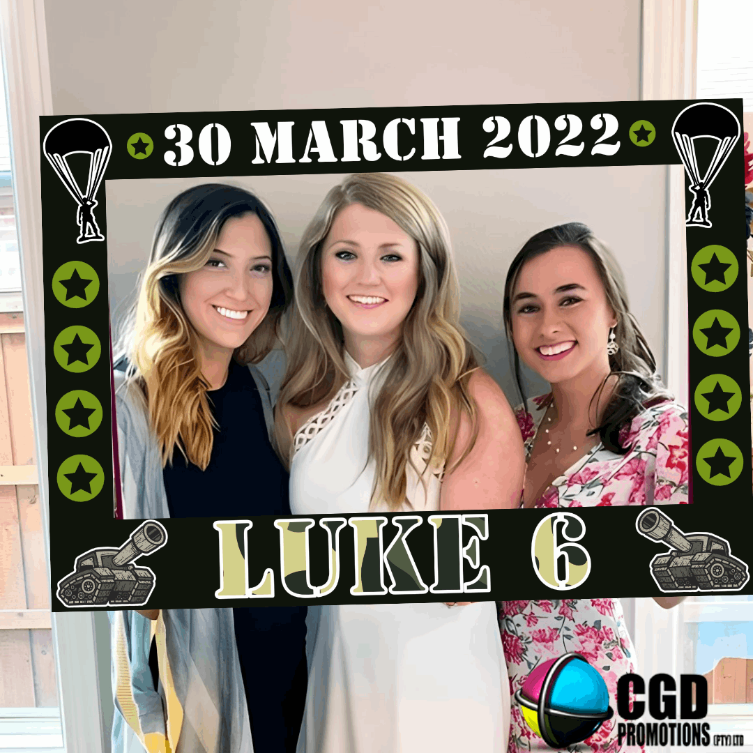 Personalized Army theme party decoration with camouflage and soldier graphics, perfect for birthdays and photobooth fun