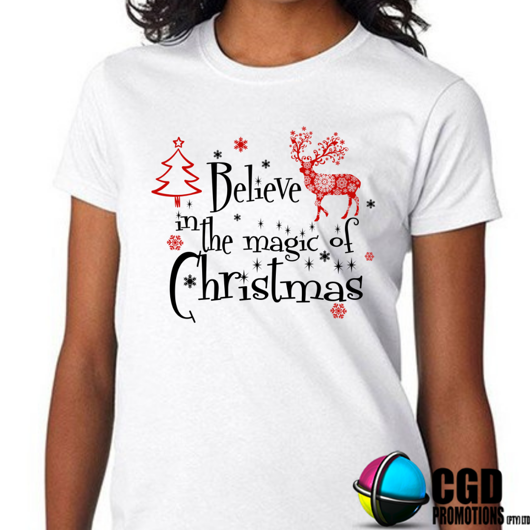 Believe in the matic of Christmas - Christmas Printed Shirt for the Whole Family - Matching Unisex, Ladies Fitted & Kids (