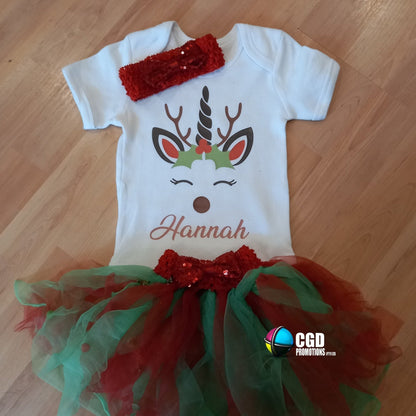 Christmas Unicorn with Printed Name First Christmas Tutu Outift with Headband