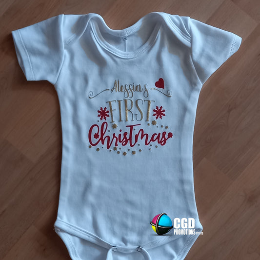 My First Christmas Red & Gold Print with Namer Christmas Printed Baby Grow