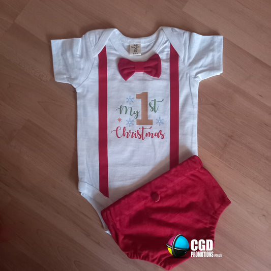 My First Christmas Suspender Christmas Printed Outfit with Shorts & Bow Tie