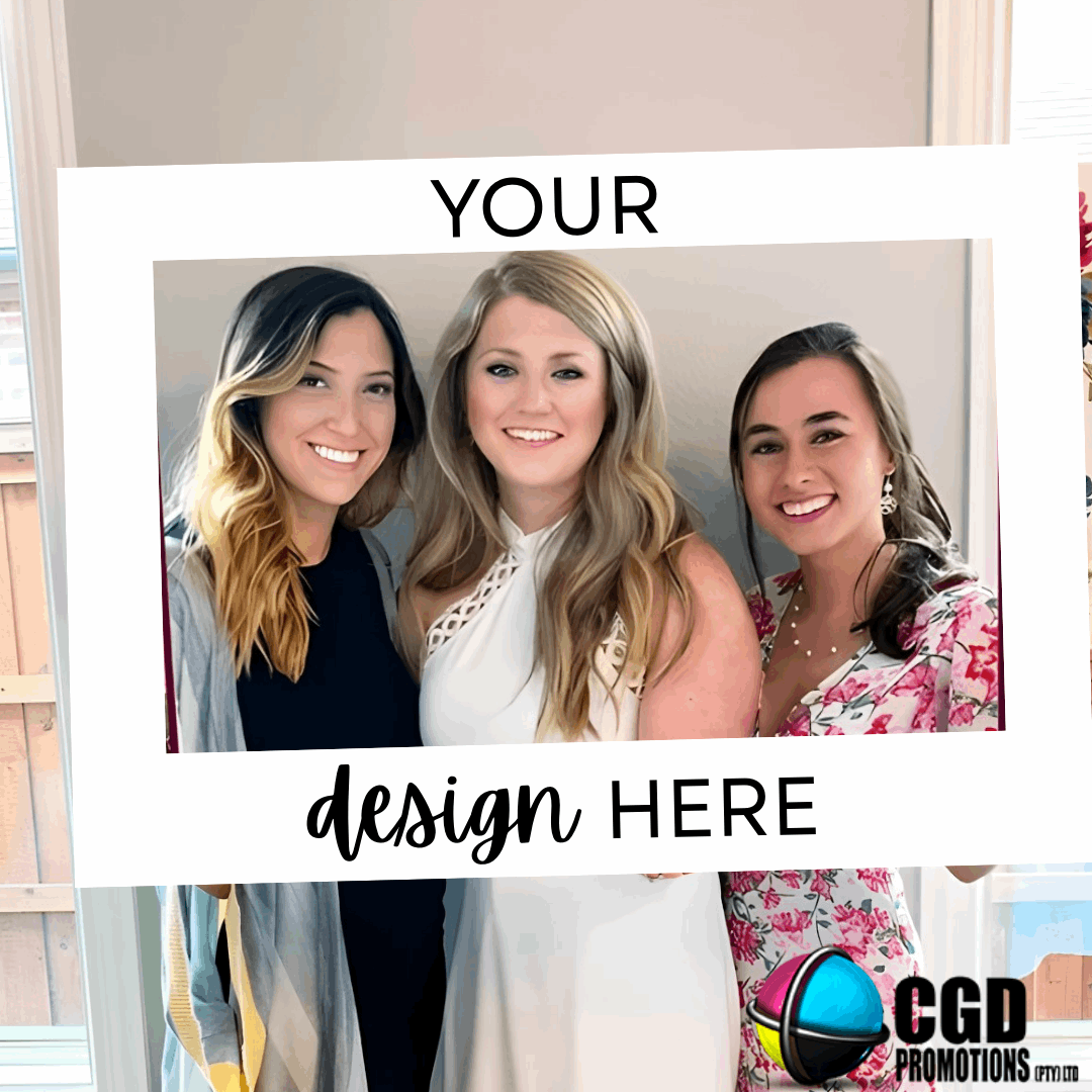 “Guests using personalized photo frames at a birthday party, smiling and taking fun selfies”