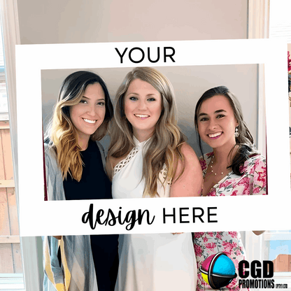 “Guests using personalized photo frames at a birthday party, smiling and taking fun selfies”