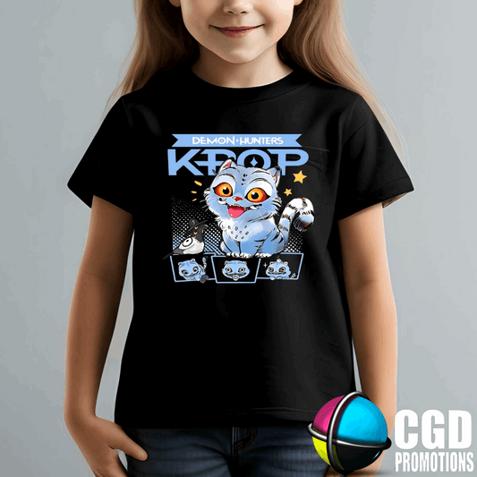 K-Pop Demon Hunter Cute Blue Tiger Derby & Magpie Character Insipired Colour Postal Stamp Printed Kids Shirt