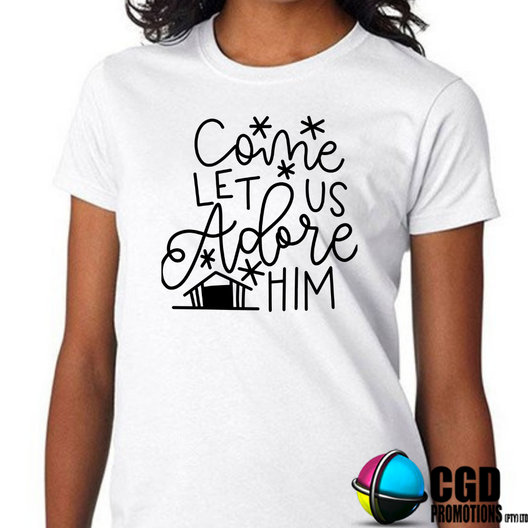 Come Let us Adore Him - Christmas Printed Shirt for the Whole Family - Matching Unisex, Ladies Fitted & Kids (Faith-based)