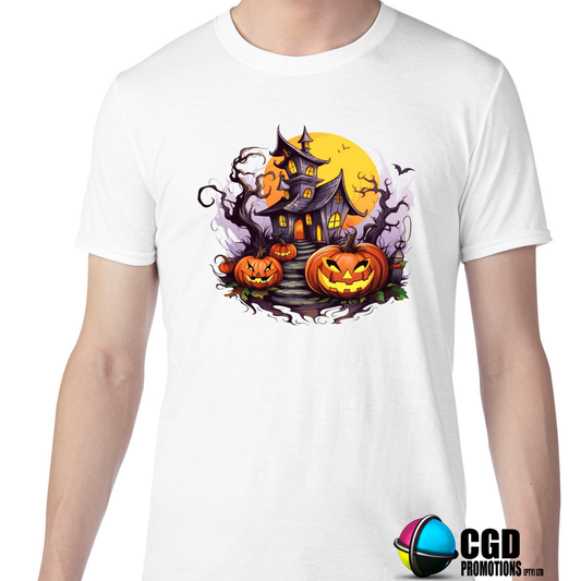 Halloween Haunted Castle with Pumpkin and Bats Halloween Adult Printed Shirt