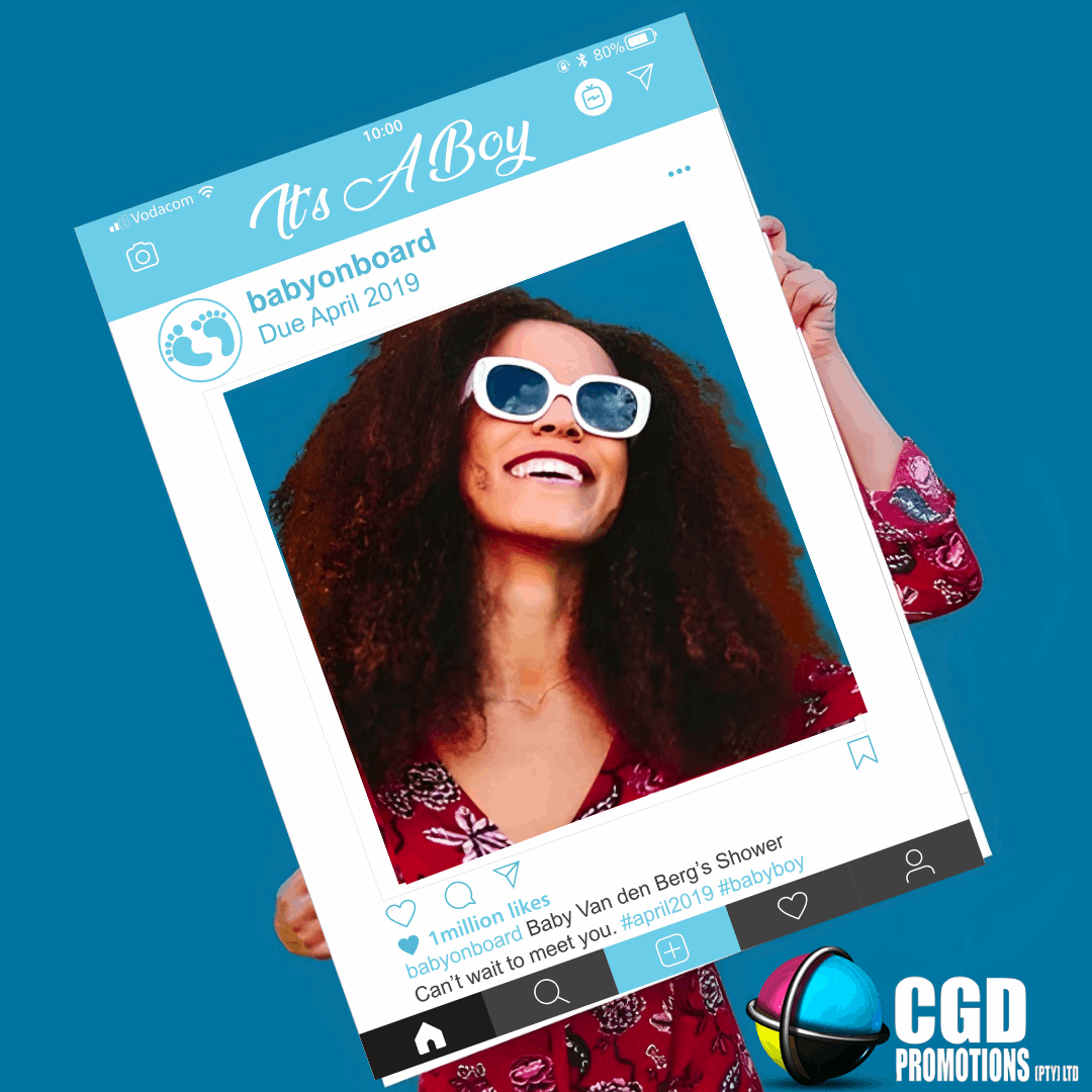 “Blue Instagram-style baby shower selfie frame with It’s a Boy design”“Pink Instagram-style baby shower selfie frame with It’s a Girl design”“Custom Instagram photo booth prop for baby shower with personalized details”