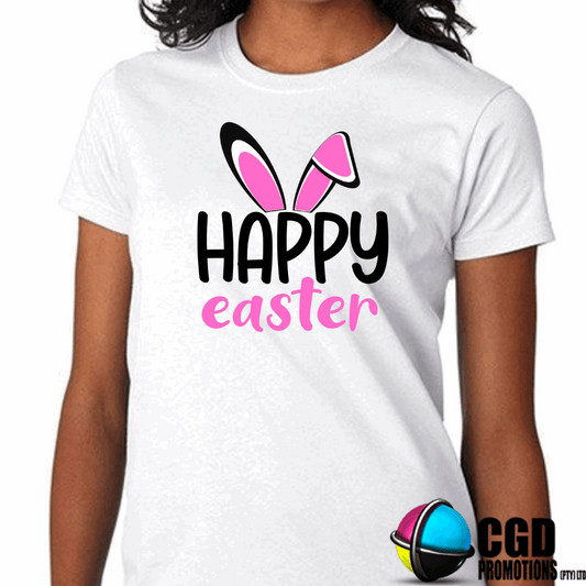 Happy Easter withpink ears & feet Adult & Kids Easter Printed Shirts - Unisex, Ladies fitted & Kids